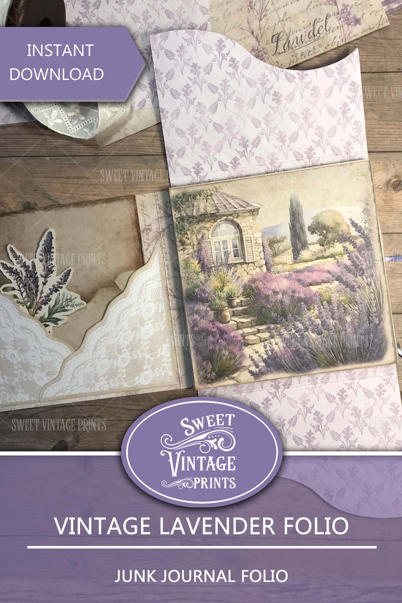 May include: A purple and white junk journal folio with a vintage lavender design. The folio features a watercolor illustration of a stone cottage with lavender bushes and a stone path. The text "Vintage Lavender Folio" and "Junk Journal Folio" is printed on the front of the folio.
