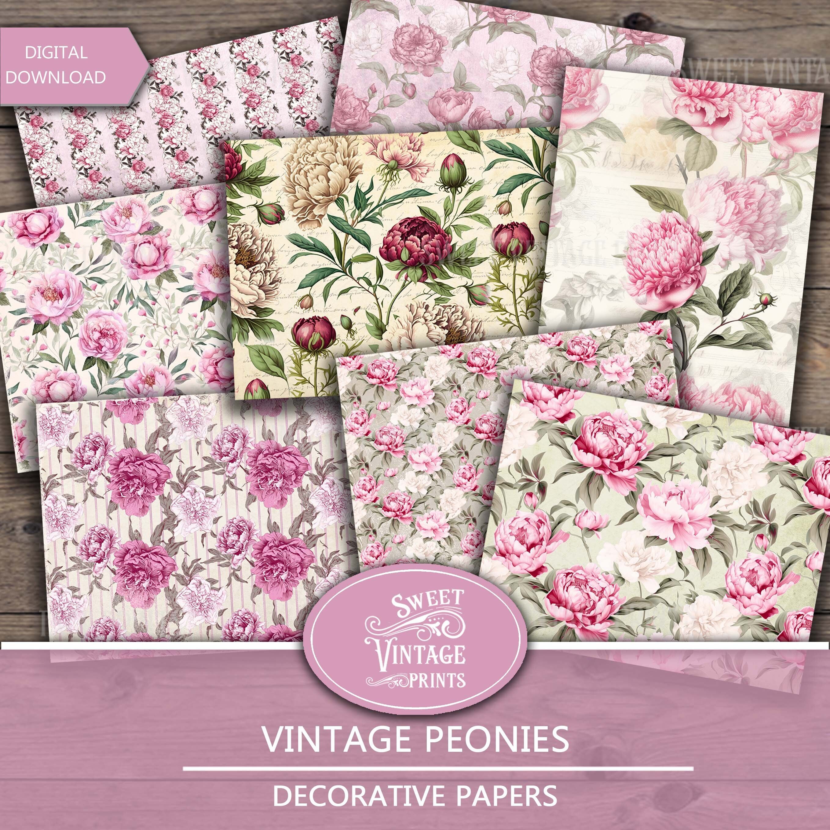 Junk Journal Peonies, Vintage Peonies Digital Paper Pack, Peony Digital Paper, Peonies Junk Journal Papers, Printable peonies, Peonies pdf