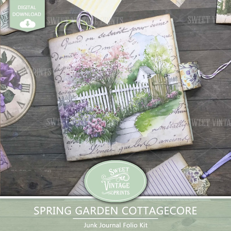 Op de afbeelding: Een junk journal folio kit met een aquarel illustratie van een lentetuin sc&egrave;ne. De omslag toont een witte hek, een pad en een klein huisje. De kit is gelabeld "Spring Garden Cottagecore."