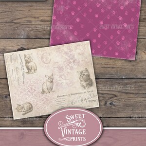 May include: Decorative papers for a cat lover's journal. The papers feature vintage-style illustrations of kittens and paw prints in shades of pink and beige. The words "Sweet Vintage Prints" and "Cat Lover's Journal" are also visible.
