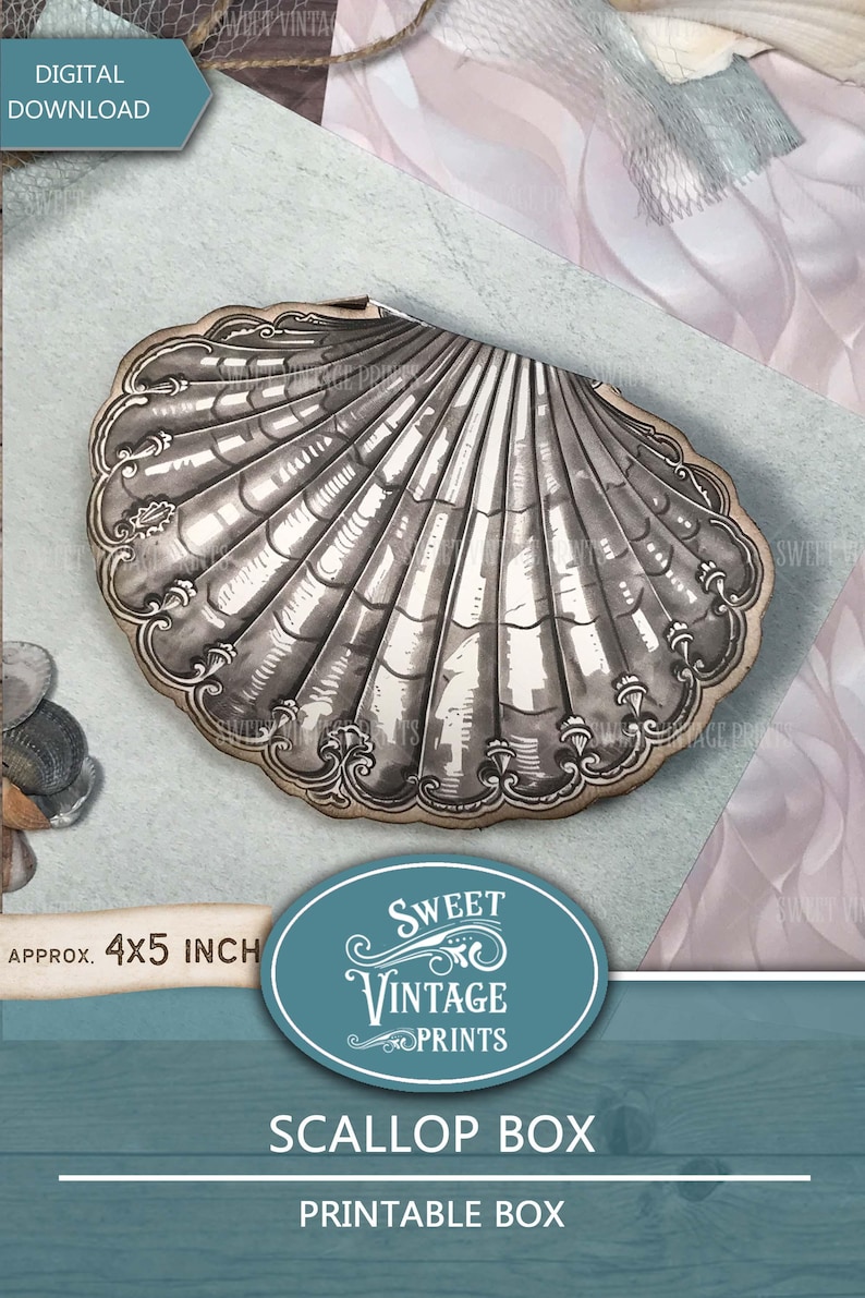 May include: Printable scallop box template, a digital download. The template features a silver scallop shell design with intricate details. The template is approximately 4x5 inches.