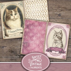 May include: A collection of vintage-style junk journal pages with cat illustrations. The pages feature a cat portrait, crown patterns, and pink damask designs. The words "Cat Lover's Journal" and "Instant Download" are visible.