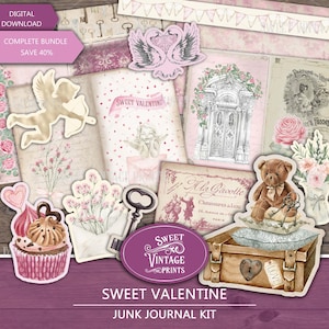 Sweet Valentine Junk Journal BUNDLE, Valentine Digital Papers, Vintage Valentine Journal, Valentine Ephemera, Valentine Printables, svl