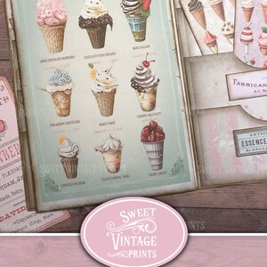 May include: A vintage-style ice cream shop menu with illustrations of different ice cream flavors. The menu is titled "Cream Menu" and features flavors like White Chocolate Raspberry, Chocolate Fudge Brownie, Maple Walnut, Strawberry Cheesecake, Mango Tango, Caramel Macchiato, Espresso Explosion, Salted Caramel Swirl, and Cherry Jubilee.