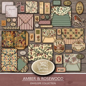 May include: A collection of vintage-style paper stationery including envelopes with floral and geometric patterns, postage stamps, labels with text like 'Sweet Vintage Prints', 'Tea', and 'Essence d'Ambre', and a robin illustration.