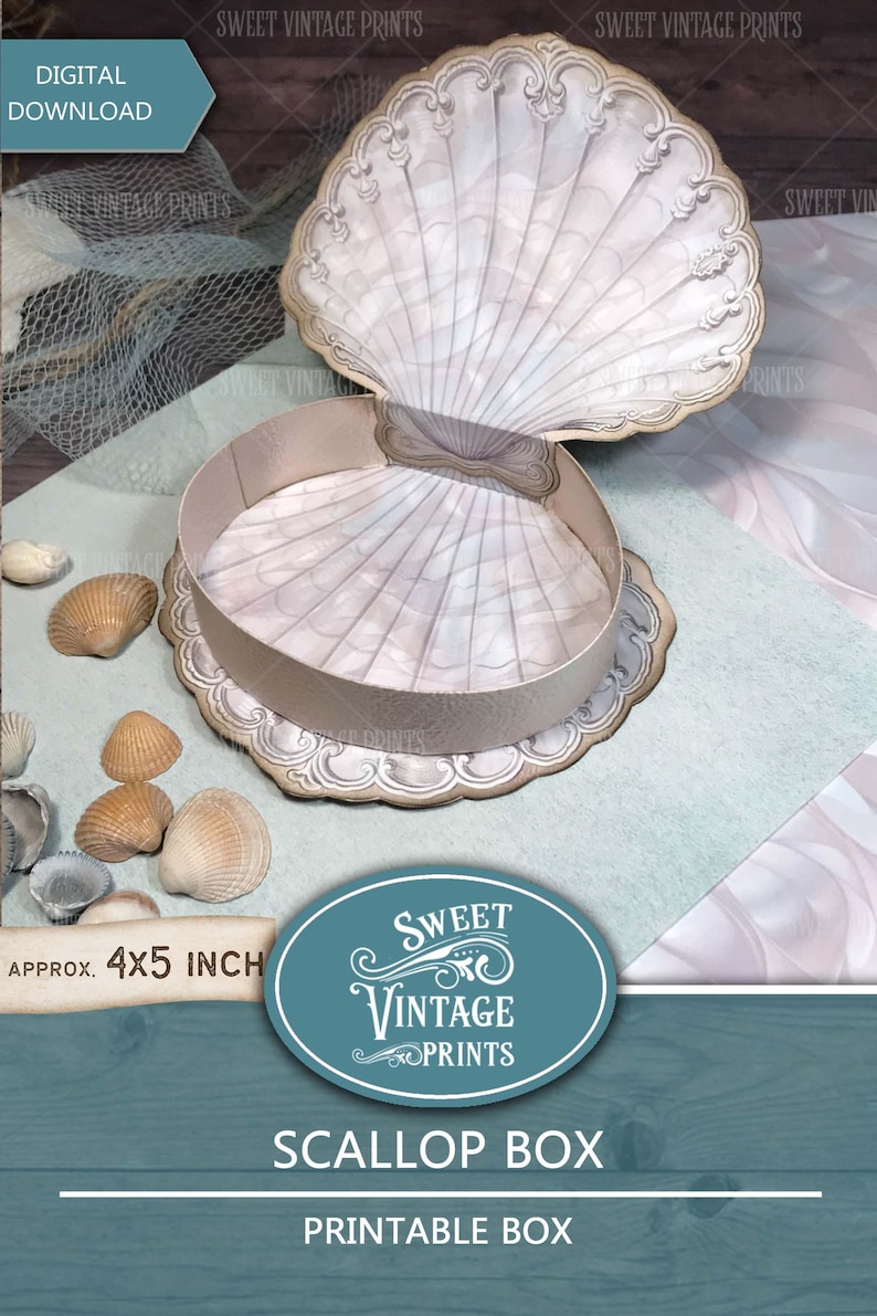 May include: A printable scallop box template, with a white and gold seashell design. The box is approximately 4x5 inches.