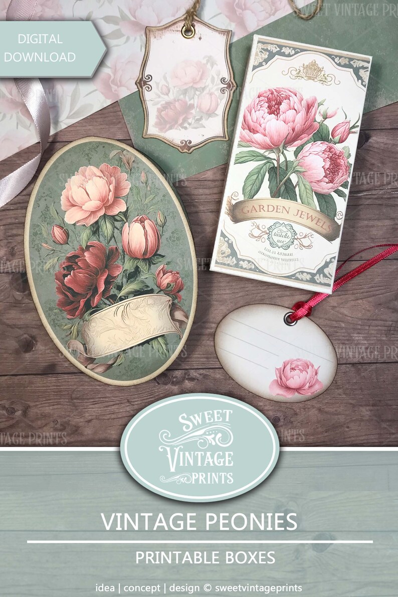 Pode incluir: Uma cole&ccedil;&atilde;o de caixas e etiquetas imprim&iacute;veis em estilo vintage com desenhos florais de pe&oacute;nias. As caixas e etiquetas t&ecirc;m v&aacute;rias formas, incluindo oval e retangular, com uma paleta de cores rosa, verde e creme. O texto "Vintage Peonies" e "Printable Boxes" &eacute; vis&iacute;vel.