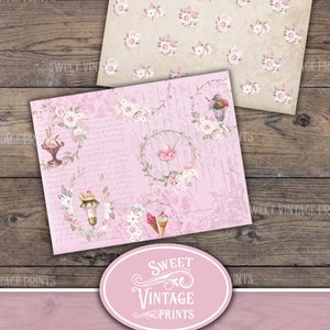 May include: Two digital printable papers featuring a pink and white floral pattern with ice cream cones and sundaes. The text "Sweet Vintage Prints" and "The Ice Cream Shop" are included in the design.