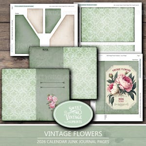 K&ouml;nnte beinhalten: Eine Sammlung von Journalseiten im Vintage-Stil mit floralem Thema. Die Seiten haben eine weiche gr&uuml;ne Farbe mit floralen Mustern und Illustrationen von rosa Pfingstrosen. Der Text enth&auml;lt "Vintage Flowers" und "2026 Calendar Junk Journal Pages".