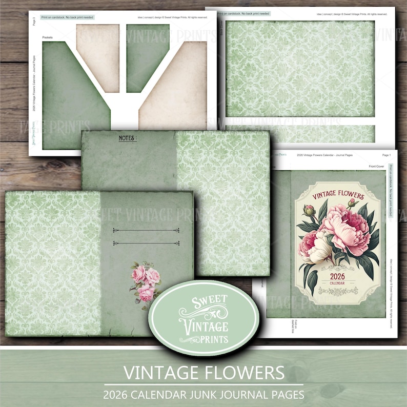 K&ouml;nnte beinhalten: Eine Sammlung von Journalseiten im Vintage-Stil mit floralem Thema. Die Seiten haben eine weiche gr&uuml;ne Farbe mit floralen Mustern und Illustrationen von rosa Pfingstrosen. Der Text enth&auml;lt "Vintage Flowers" und "2026 Calendar Junk Journal Pages".