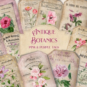 Antique Botanics, plantes roses, violettes, vintage, Étiquettes, Tag flip, junk journal, éphémères, numérique, Shabby, téléchargement instantané, imprimable