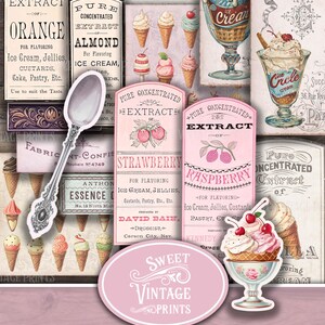 May include: A digital download of vintage ice cream themed printable images. The images feature various ice cream flavors, including strawberry, raspberry, and almond. The images are perfect for scrapbooking, card making, and other craft projects.