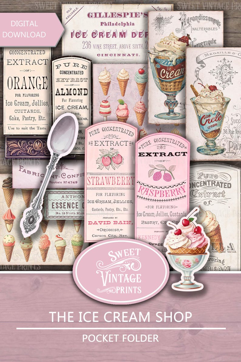 May include: A digital download of vintage ice cream themed printable images. The images feature various ice cream flavors, including strawberry, raspberry, and almond. The images are perfect for scrapbooking, card making, and other craft projects.