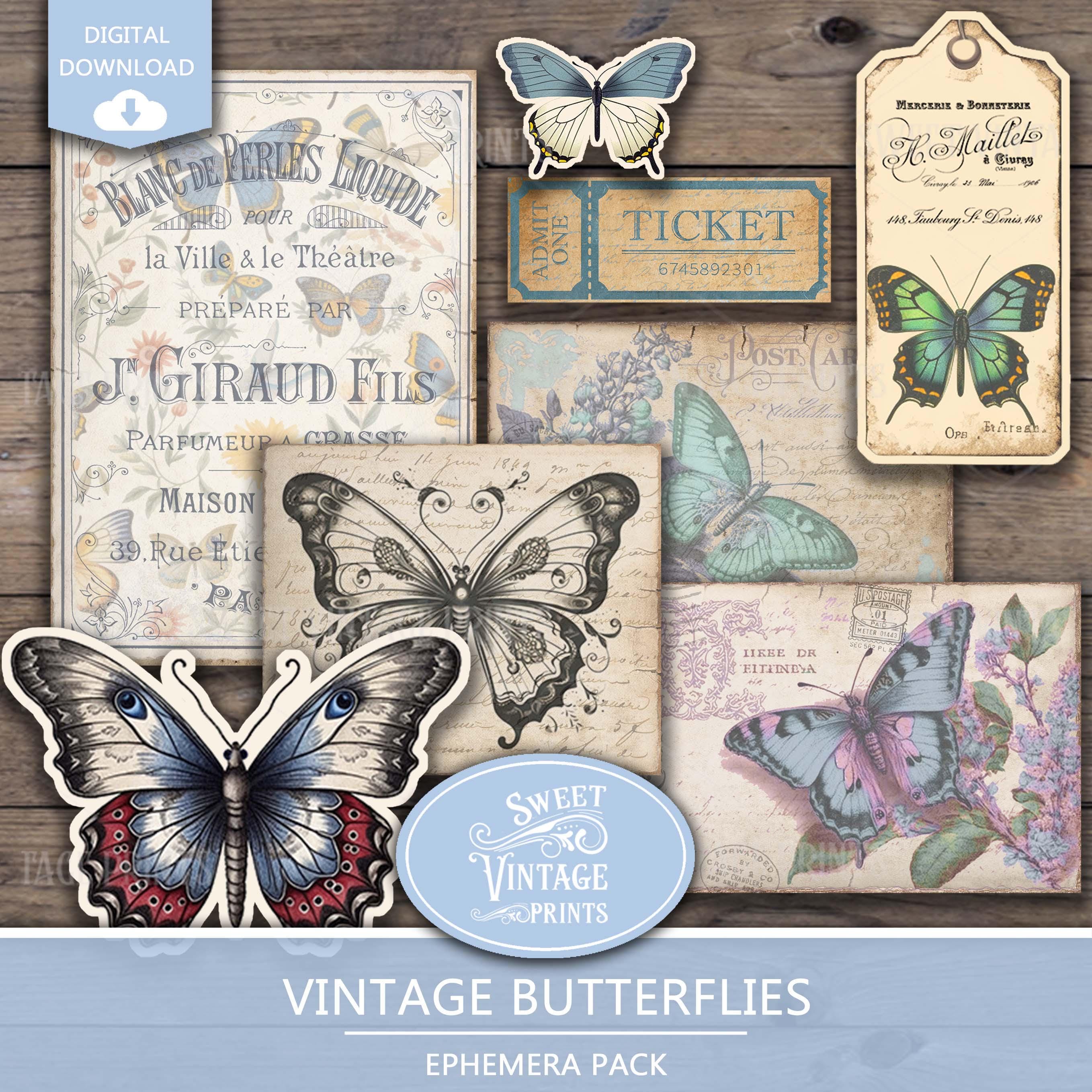 Butterfly Junk Journal Ephemera | Vintage Printable Tags Labels ...