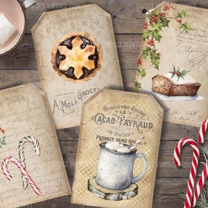 May include: Five vintage Christmas gift tags with various designs. The tags feature images of a gingerbread pie, a loaf of bread, a cup of hot chocolate with marshmallows, a candy cane, and a letter to Santa Claus. The tags are printed on aged paper with a distressed look.