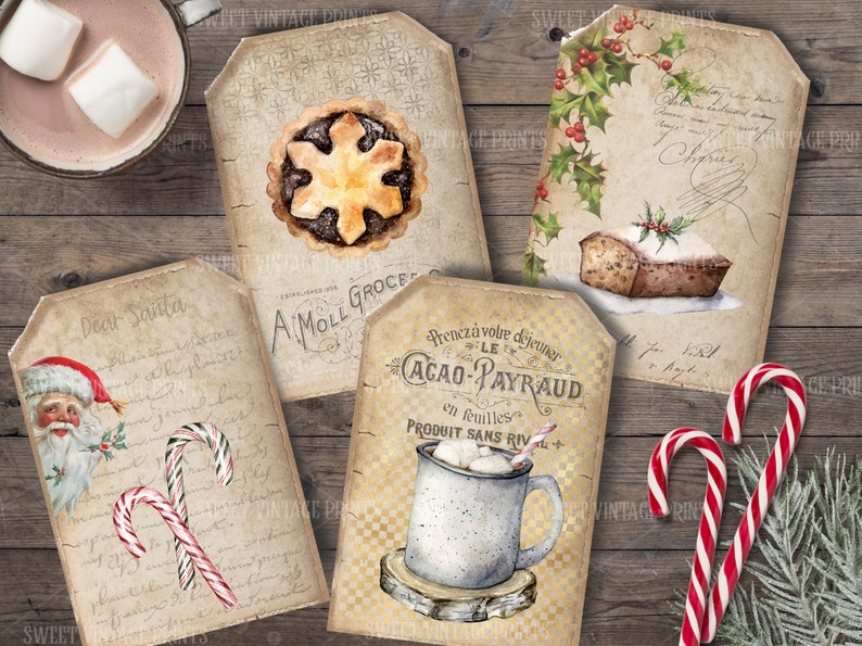 May include: Five vintage Christmas gift tags with various designs. The tags feature images of a gingerbread pie, a loaf of bread, a cup of hot chocolate with marshmallows, a candy cane, and a letter to Santa Claus. The tags are printed on aged paper with a distressed look.