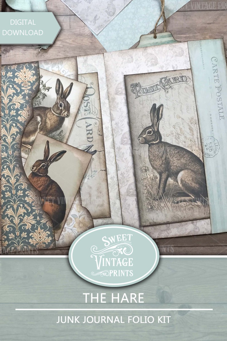 Junk Journal Folio Kit Hare Vintage Easter Printable Folder Rabbits Ephemera Digital Download Sweetvintageprints hre zdjęcie 6