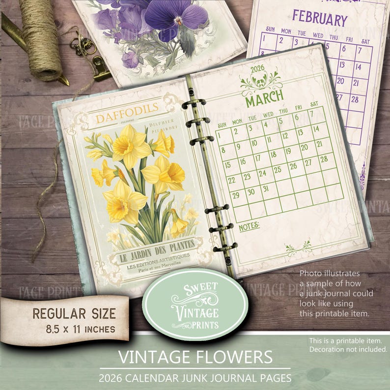 K&ouml;nnte beinhalten: Vintage-Stil, druckbare Junk-Journal-Seiten mit Narzissen und einem M&auml;rz 2026 Kalender. Die Seiten messen 21,6 x 27,9 cm und enthalten den Text "Le Jardin Des Plantes". Das Design hat ein gealtertes Aussehen.
