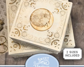 Caja Celestial Vintage, Luna, Juego de 2 tamaños, imprimible, Diario Basura, Efímera, Caja de Diario, Kit de Diario, Caja Luna, descarga digital, clm