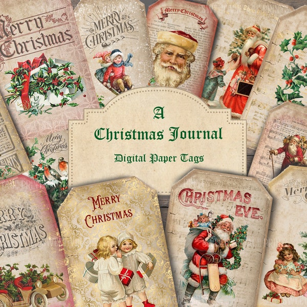 Vintage Christmas Tags, A Christmas Journal, Old Christmas, Labels, Tag flip, junk journal, ephemera, digital, Shabby, download, printable