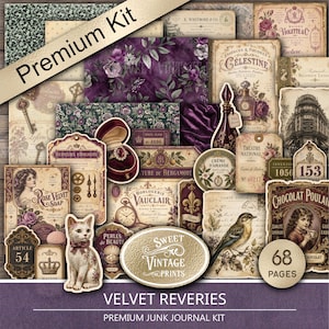May include: A collection of vintage-style paper ephemera featuring floral patterns, antique perfume bottles, a cat, a bird, and French typography. The set includes 68 pages of decorative elements in shades of deep purple, cream, and brown.