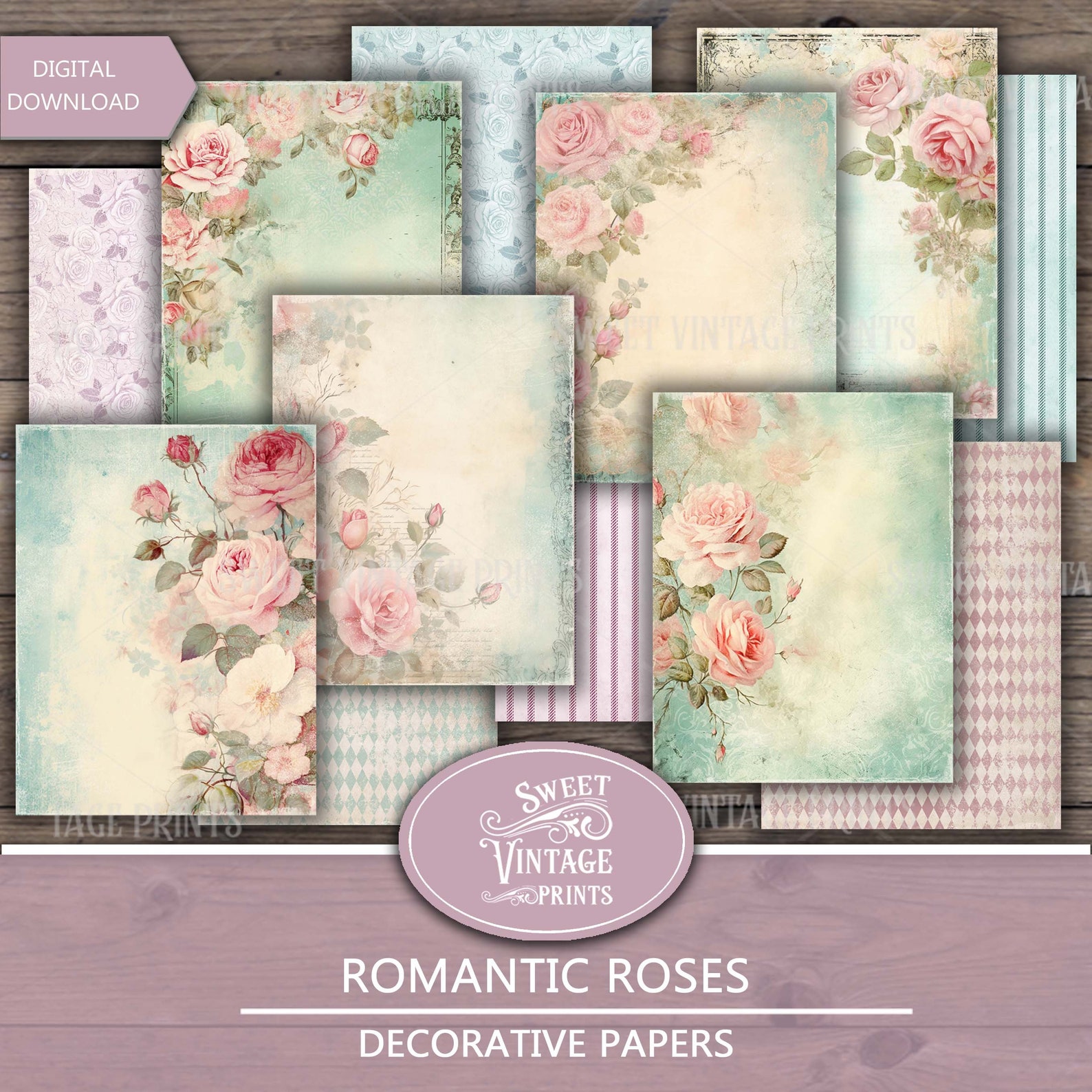Shabby Rose Digital Paper Pack, Romantic Roses Printable Paper, Rose ...