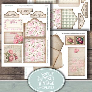 May include: Printable digital download for a gift card holder. The design features a vintage floral pattern with pink peonies and a light brown background. The text "Vintage Peonies Gift Card Holder" is printed in a light blue font.