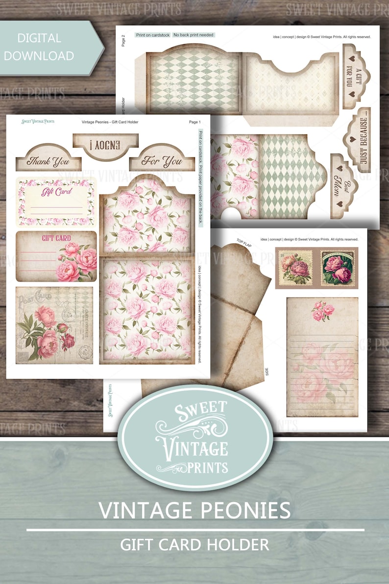 May include: Printable digital download for a gift card holder. The design features a vintage floral pattern with pink peonies and a light brown background. The text "Vintage Peonies Gift Card Holder" is printed in a light blue font.