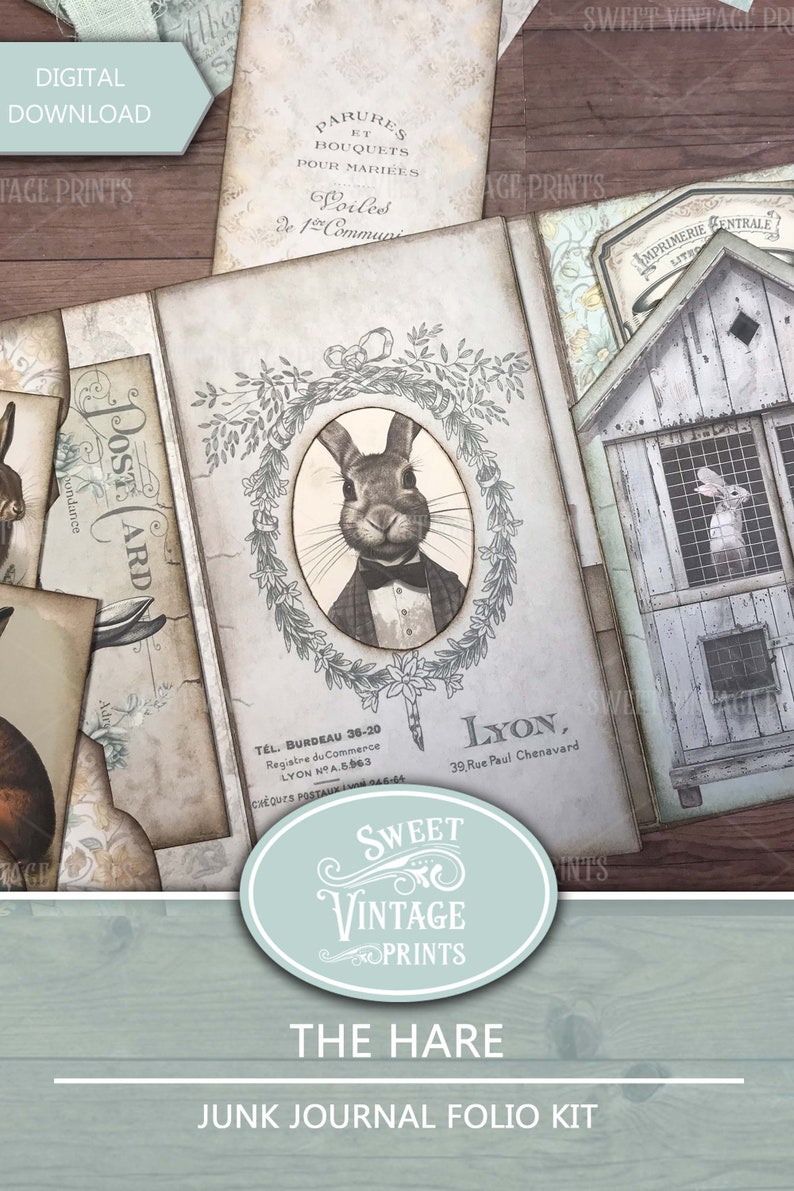 Junk Journal Folio Kit Hare Vintage Easter Printable Folder Rabbits Ephemera Digital Download Sweetvintageprints hre image 4