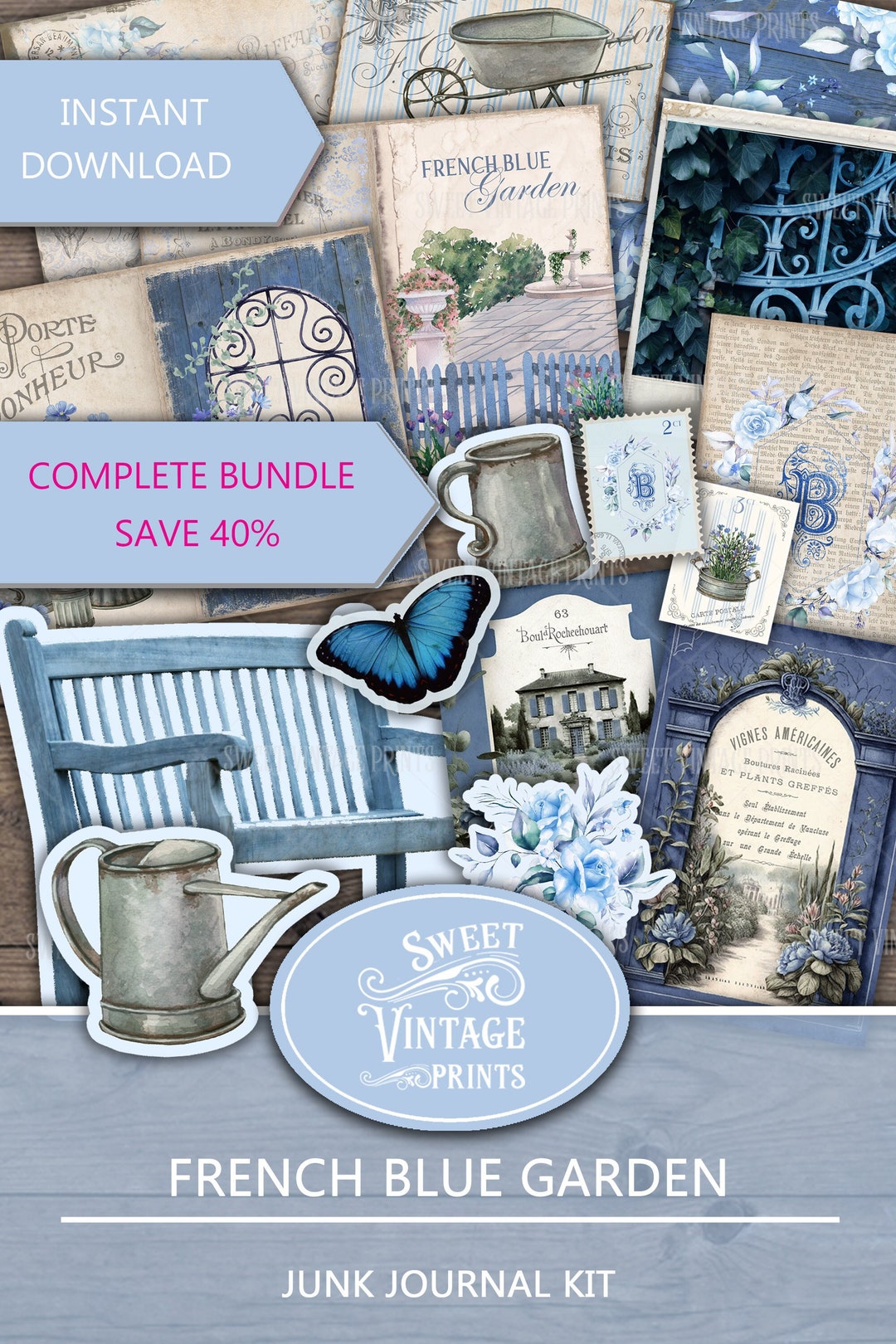 Junk Journal BUNDLE French Blue Garden, Vintage Garden Junk Journal ...