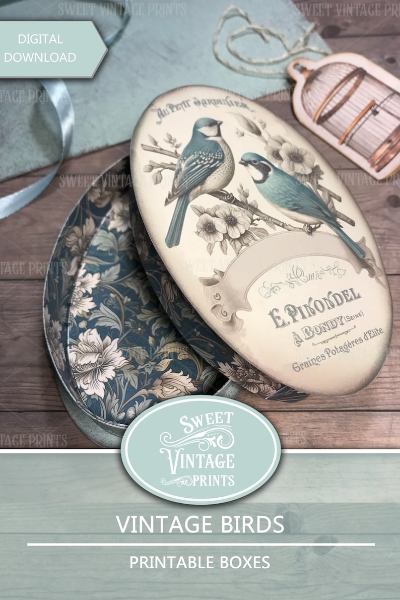 Puede incluir: Caja ovalada imprimible con un dise&ntilde;o vintage que presenta dos p&aacute;jaros azules posados en una rama con flores blancas. La caja est&aacute; etiquetada con "Au Petit Jardin Grec" y "E. Pikondel A Bondy (Seine) Graines Potag&egrave;res d'Elite".