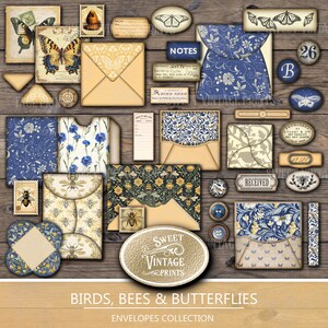 May include: A collection of vintage-style paper ephemera featuring butterflies, bees, and floral patterns. Includes envelopes, stamps, tags, and decorative elements in shades of blue, yellow, and beige. The text "Sweet Vintage Prints" is visible.