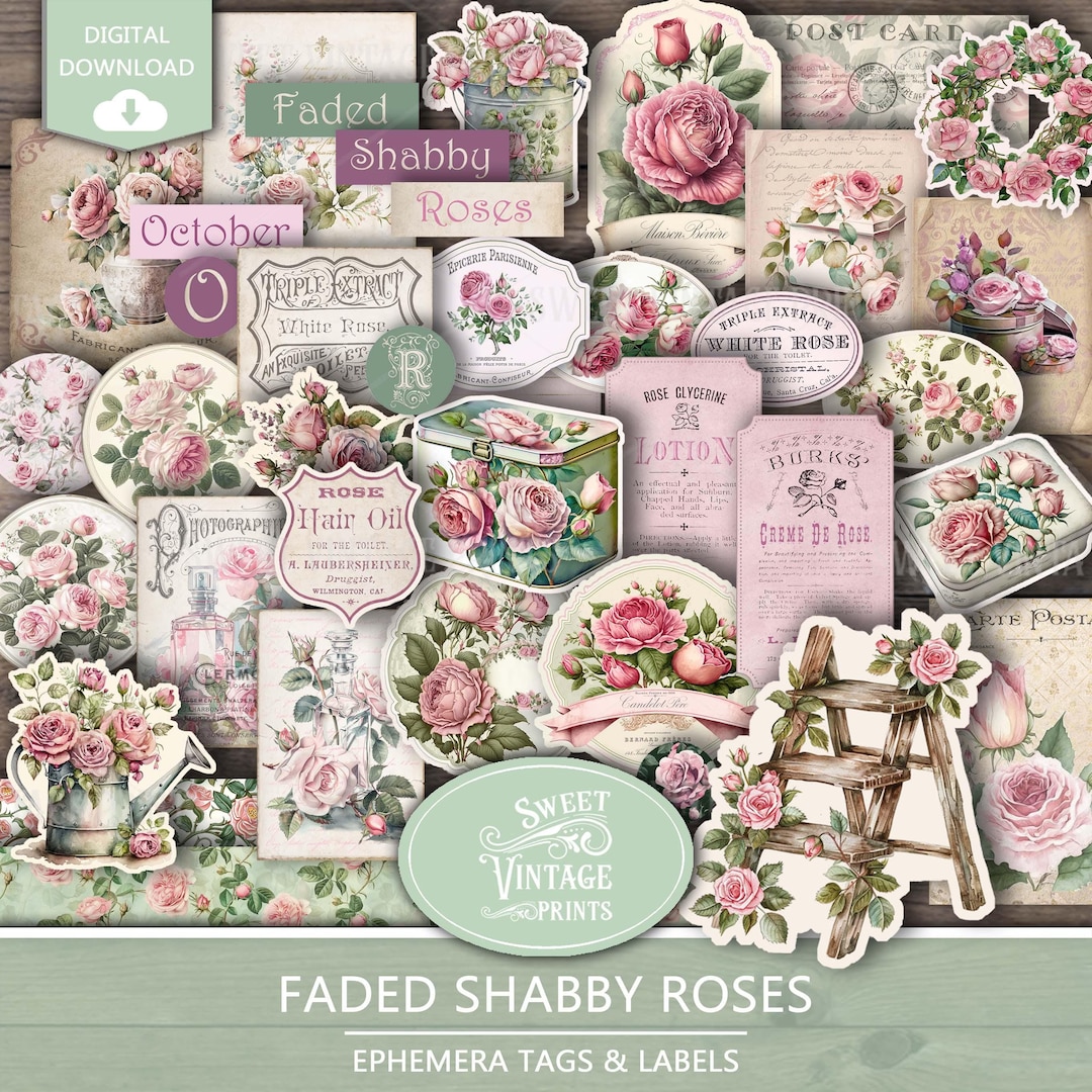 Shabby Rose Junk Journal Ephemera | Pink Flowers Printable Tags ...