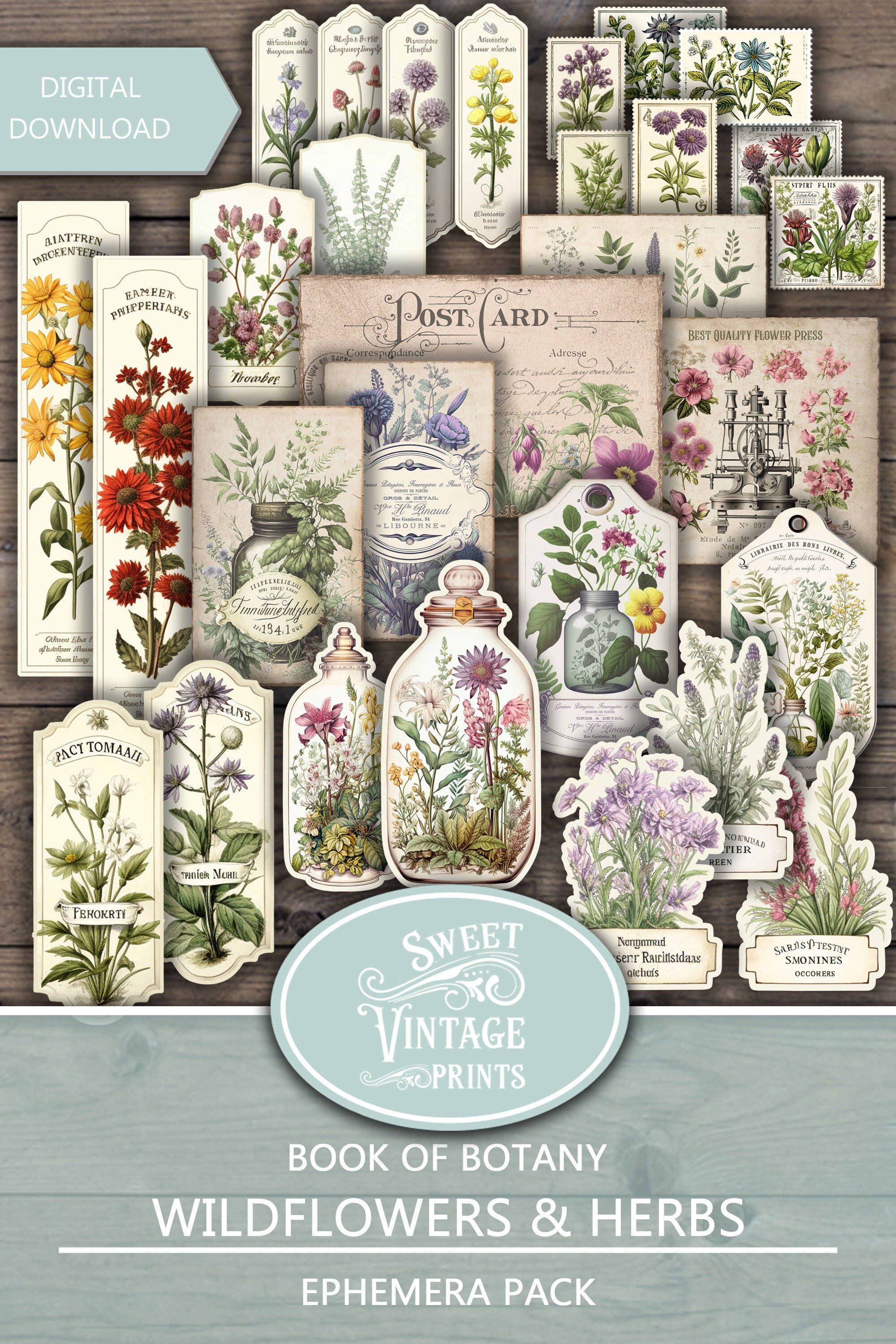 Wildflower Junk Journal Ephemera Kit, Wildflower Herbs Ephemera Pack, Wildflower Junk Journal, Wildflower printable, herbs digitals, wfh