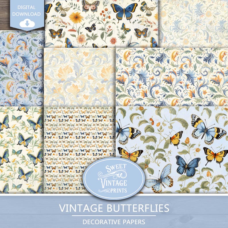 May include: A set of six digital papers featuring vintage butterfly designs. The papers feature a variety of patterns, including butterflies on a floral background, butterflies on a damask pattern, and butterflies on a solid blue background. The papers are perfect for scrapbooking, card making, and other craft projects.