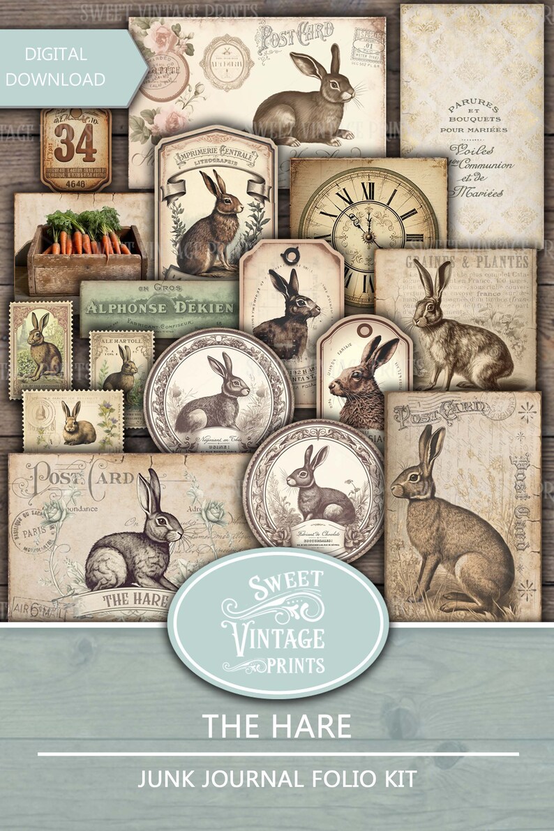 Junk Journal Folio Kit Hare Vintage Easter Printable Folder Rabbits Ephemera Digital Download Sweetvintageprints hre image 8