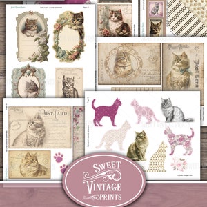 May include: A digital ephemera pack titled "Cat Lover's Journal" featuring vintage-style illustrations of cats, postcards, stamps, and decorative elements. The pack includes various cat silhouettes and the words "Instant Download".