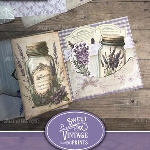 May include: Vintage lavender folio junk journal kit with two glass jars filled with lavender flowers and a label that reads "Cimathi Tieaste".