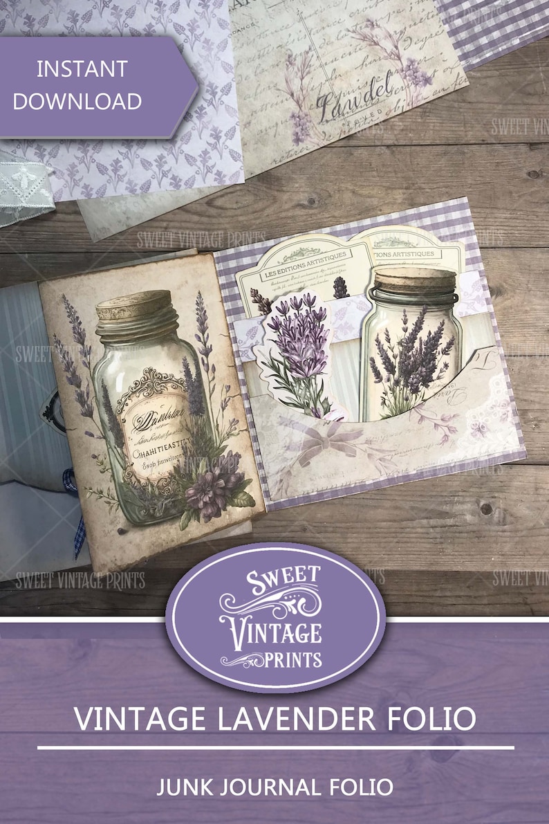 May include: Vintage lavender folio junk journal kit with two glass jars filled with lavender flowers and a label that reads "Cimathi Tieaste".