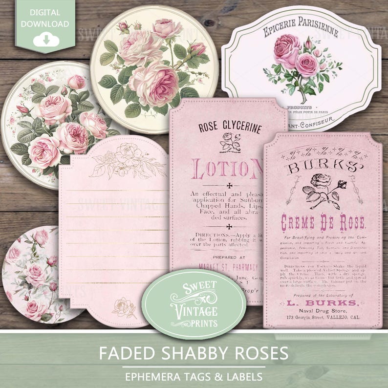 Shabby Rose Junk Journal Ephemera | Pink Flowers Printable Tags ...