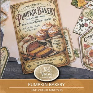 Può includere: Una stampa rettangolare su carta con una pubblicità in stile vintage per Mrs. Carter's Pumpkin Bakery. Il design include illustrazioni di cupcake, una pagnotta e il testo Fresh Baked Goods, Pies, Cakes, Muffins, Cookies.