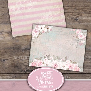May include: Two digital paper designs featuring a pink and white striped pattern and a floral design with roses and white flowers on a light blue background. The text "Sweet Vintage Prints" is in a pink oval shape at the bottom of the image. The text "The Ice Cream Shop Decorative Papers" is also included.