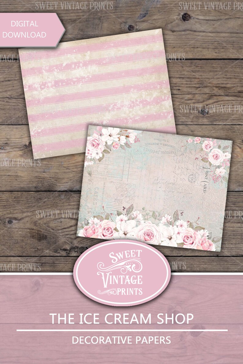 May include: Two digital paper designs featuring a pink and white striped pattern and a floral design with roses and white flowers on a light blue background. The text "Sweet Vintage Prints" is in a pink oval shape at the bottom of the image. The text "The Ice Cream Shop Decorative Papers" is also included.