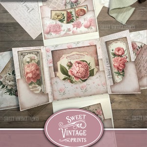 Op de afbeelding: Een vintage-stijl junk journal folio met een roze en wit bloemenontwerp. De folio is gemaakt van papier en heeft verschillende zakken en kleppen. De voorzijde heeft de tekst "Vintage Peonies Folio" en "Junk Journal Folio".