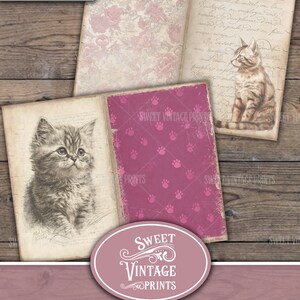 May include: A digital junk journal featuring vintage-style pages with cat illustrations, floral patterns, and handwritten text. The journal includes a pink cover with paw prints and the text "Cat Lover's Journal."