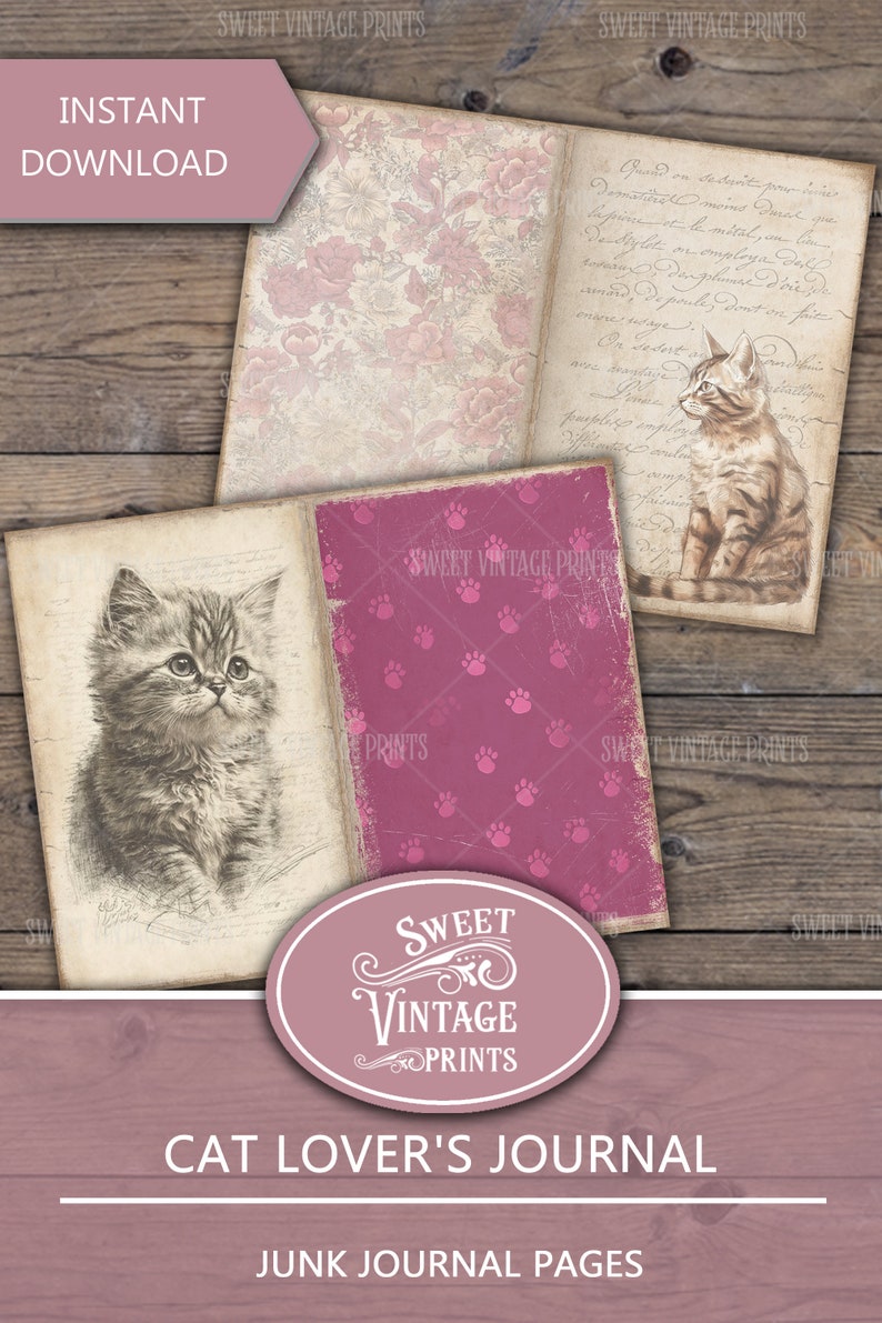 May include: A digital junk journal featuring vintage-style pages with cat illustrations, floral patterns, and handwritten text. The journal includes a pink cover with paw prints and the text "Cat Lover's Journal."