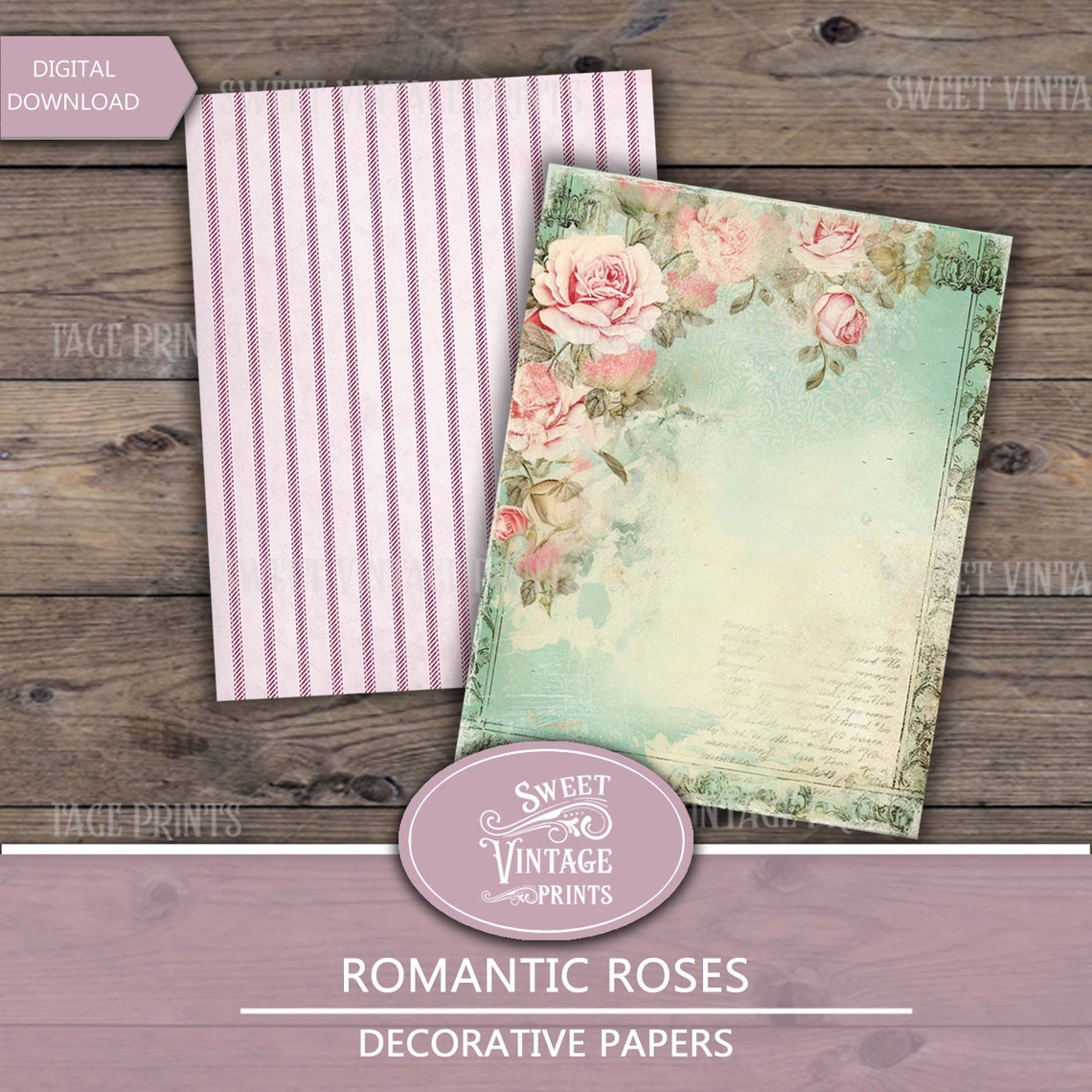 Shabby Rose Digital Paper Pack, Romantic Roses Printable Paper, Rose ...