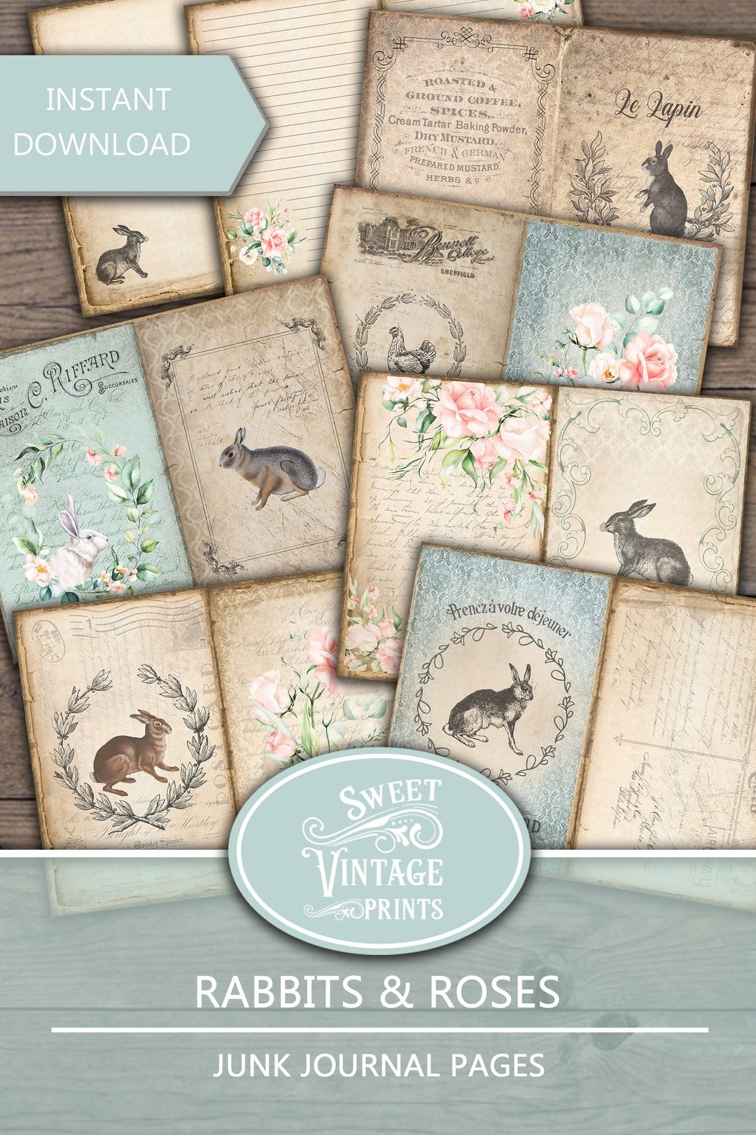 Rabbits & Roses Junk Journal Pages, French Rabbits Junk Journal Paper ...