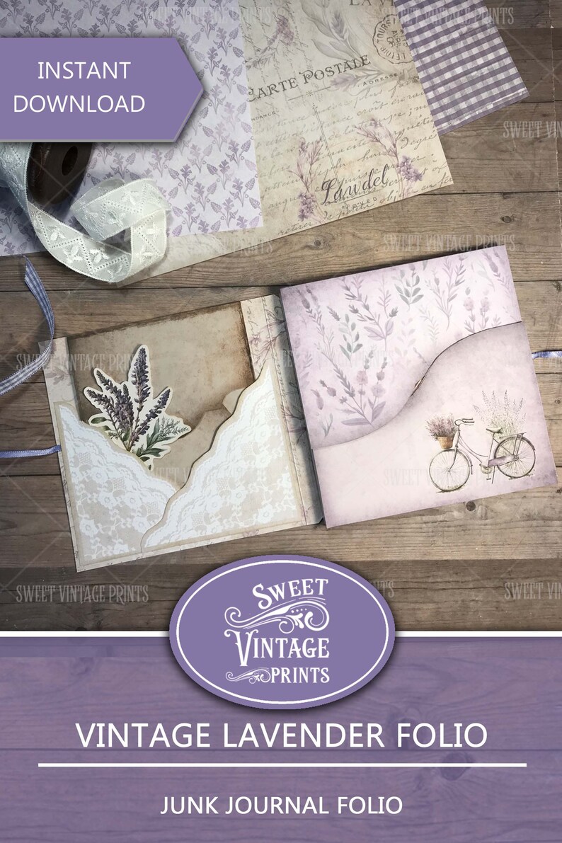 May include: A purple and white vintage lavender folio junk journal with a bicycle and floral design. The folio is open to reveal the inside pages and pockets.