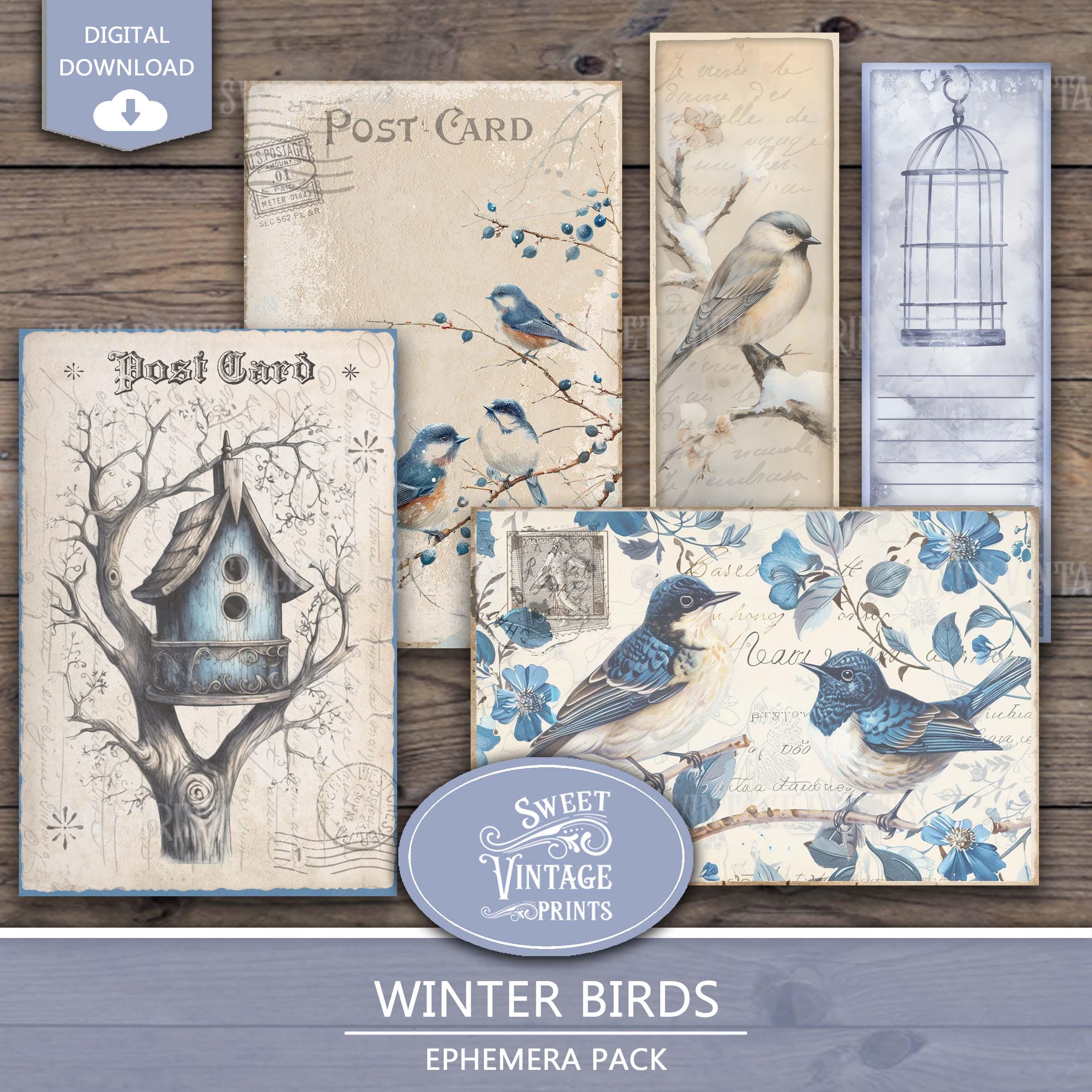 Winter Birds Junk Journal Ephemera | Winter Blue Printable Tags Labels ...